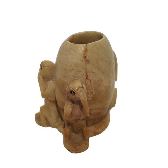Vintage SoapStone Carved Vase See No Hear No Speak No Evil Monkeys Peeking 3" - Picture 3 of 7